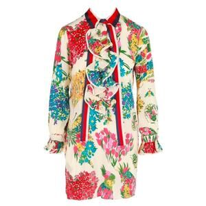 Gucci Silk Shift Web Stripe Floral Crepe Silk Dress Made‎ in Italy Small